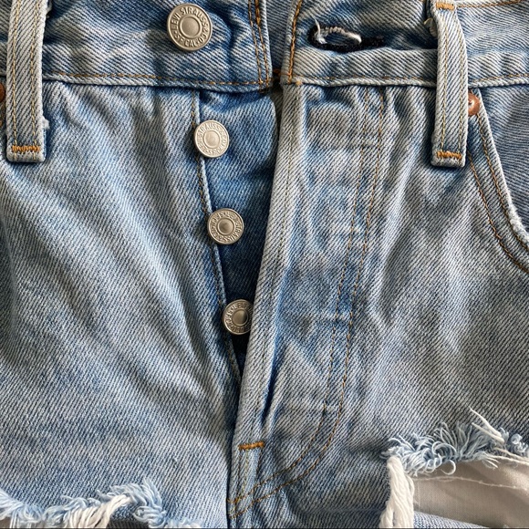 Levi’s Big E 501 Hi Rise Distressed, Destroyed Button-Fly Cut-Off Jean Shorts - Picture 6 of 15